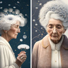 Elderly woman portrait with dandelion seeds and serene expression