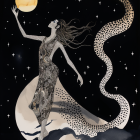 Ethereal woman reaching for glowing moon in starry backdrop