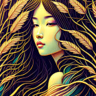 Illustration of serene woman with golden leaves and flowing hair.