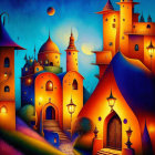 Colorful Fantasy Castle Painting with Night Sky and Crescent Moon