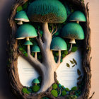 Fantastical 3D rendering of tree-like structure with green mushroom canopies surrounded by moss and