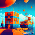 Colorful futuristic harbor scene with oversized planets, ships, and people under orange-blue sky.