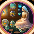 Surreal woman in flowing dress among cosmic spheres in circular frame