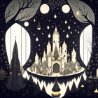 Monochromatic fantasy castle illustration with regal figure and intricate details