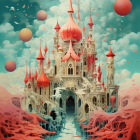 Whimsical illustration of a vibrant fantastical castle with floating balloons and intricate swirl patterns