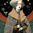 Detailed illustration of woman in ornate attire under celestial night sky