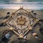 Detailed Sand Mandala Design with Sticks, Stones, and Woven Patterns on Beach at Sunset