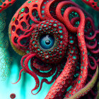 Colorful surreal octopus with detailed eye in oceanic setting