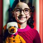 Illustrated Smiling Girl with Glasses Holding Toy Dog on Striped Background