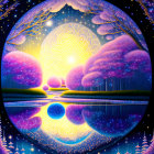 Circular artwork: Surreal landscape with glowing pink cherry blossom trees, radiant sun, and tranquil water reflection