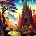 Fantasy landscape with amber spires, blue lake, pagoda, whimsical trees, and multiple