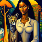 Stylized painting of confident woman with leopard in vibrant landscape