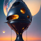 Futuristic onion-shaped spaceship in cosmic scene