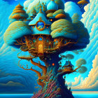 Fantastical artwork: Majestic tree with ornate buildings under starry sky