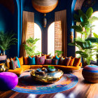 Colorful Bohemian Living Room with Circular Couch & Ornate Decor