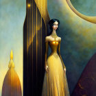 Woman in golden dress among rock formations under dual moons with flying ship