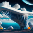 Vibrant surreal landscape with futuristic architecture in desert setting