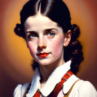 Girl with Braided Hair in Suspenders and White Shirt on Warm Background