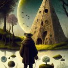 Mysterious figure in cloak and hat in fantasy landscape