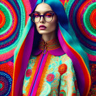Colorful digital artwork: stylized woman with blue hair and glasses in psychedelic setting
