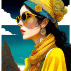 Detailed illustration of woman in sunglasses and headscarf with tower silhouette