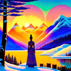 Woman in long dress admiring mountain sunset with heart-shaped auroras