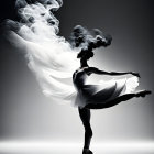 Ballerina silhouette with smoke-like hair in flowing dress on gradient background