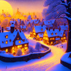 Snow-covered village with warmly lit homes under twilight sky