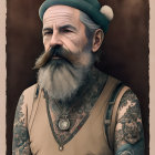 Elderly man with full beard, styled mustache, suspenders, beret, and elaborate