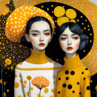 Stylized female figures in polka-dotted dresses on dotted backdrop