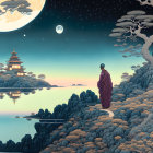 Person in red robe gazes at pagoda under starry sky with moon and bonsai trees