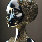 Surreal portrait of humanoid figure with black, white, gold, and jeweled accents