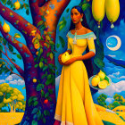 Colorful Illustration: Woman in Yellow Dress Under Fruit Tree