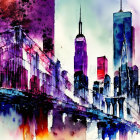 Vibrant watercolor urban skyline with bridge in pink, purple, and blue