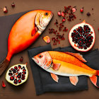 Detailed Illustration: Two Red Fish with Halved Pomegranates and Seeds on Brown Background