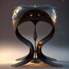 Futuristic metal mask sculpture with elegant curves and glowing orbs on twilight sky backdrop