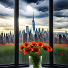 Red Poppies in Vase Against City Skyline at Dusk