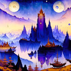 Fantasy castle on peaks with ships, dual moons, reflective water, twilight sky