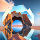 Surreal landscape with rock formation and Möbius strip reflected in water