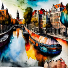 Vibrant canal cityscape with boat and reflections