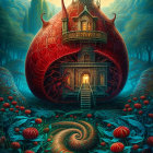 Fantasy image: Grand house on red pumpkin in mystical forest