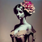 Stylized portrait of woman with blooming flower hair & vintage lace details