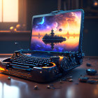 Vintage Typewriter with Cosmic Design and 3D Space Scene in Warmly Lit Room