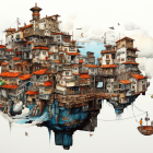 Fantastical floating island with ancient town houses, clouds, birds, and hanging ship.