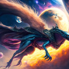 Giant armored alien creature in cosmic nebula landscape