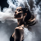 Profile of woman with swirling white smoke on dark background