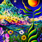 Surreal painting of mountain, moon, plant, and flowers in vibrant colors