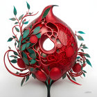 Ornate 3D Digital Artwork: Intricate Red Spherical Sculpture with Green Leaves