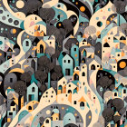 Detailed Stylized Illustration of Whimsical Landscape with Circular Patterns