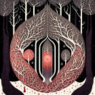 Symmetrical forest illustration with glowing red tree in starry sky